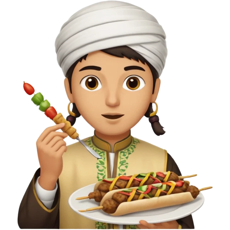young Lebanese person in traditional arabic outfit eating kebab emoji