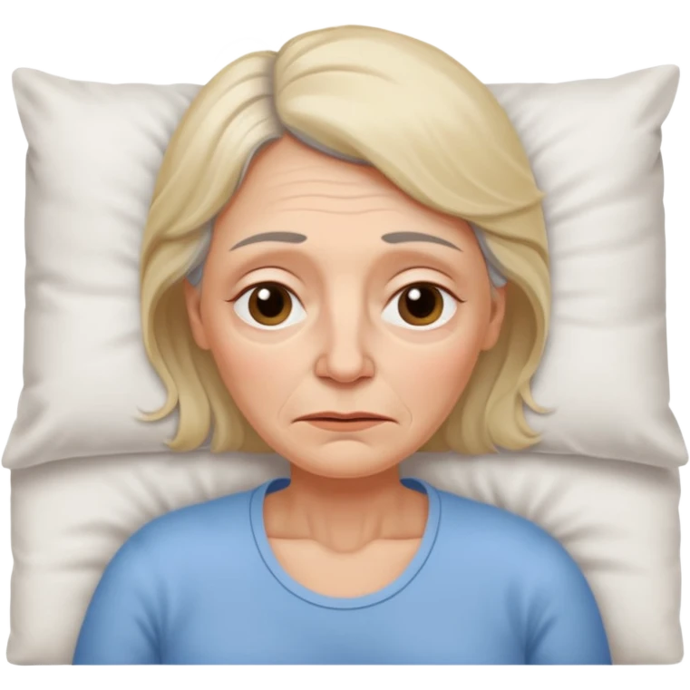 A 55-year-old woman lying in bed. She looks exhausted and desperate, with visible dark circles under her eyes, tired facial expression. emoji