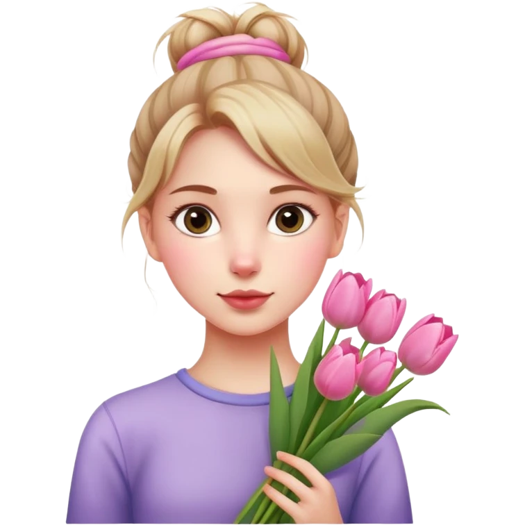 A girl with a messy bun, holding a bunch of pink tulips. emoji