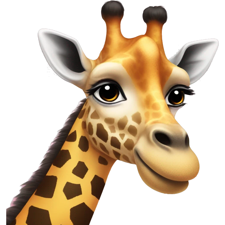 Giraffe with a pink bow on the left ear and a black  bow on the right ear with yellow and orange sparkly eyes emoji