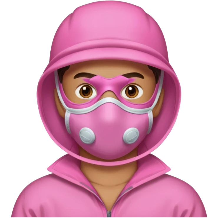 man in pink protection clothes with full-faced pink mask covered whole face emoji