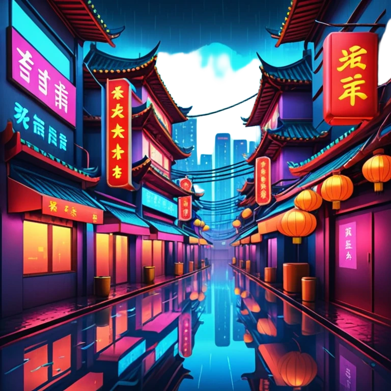 Cyberpunk China town in the city at night, neon lights, rain reflections, cinematic atmosphere, ultra-detailed futuristic environment, still life. 4k, dpi 300 emoji