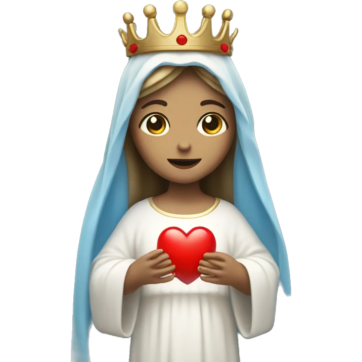 holy mary with a crown, blue veil, white clothes, white skin, holding a red heart in her hands emoji