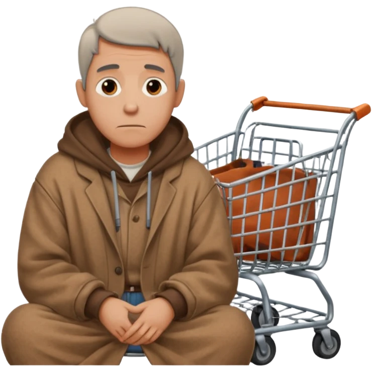 A man in oversized old clothes sat next to a shopping cart half body, looking around with gentle, hopeful eyes. emoji