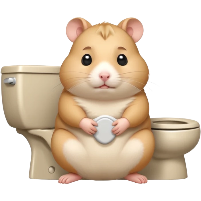 Cute chubby cartoon-style hamster sitting on toilet looking as if he had an accident, sticker-style illustration emoji
