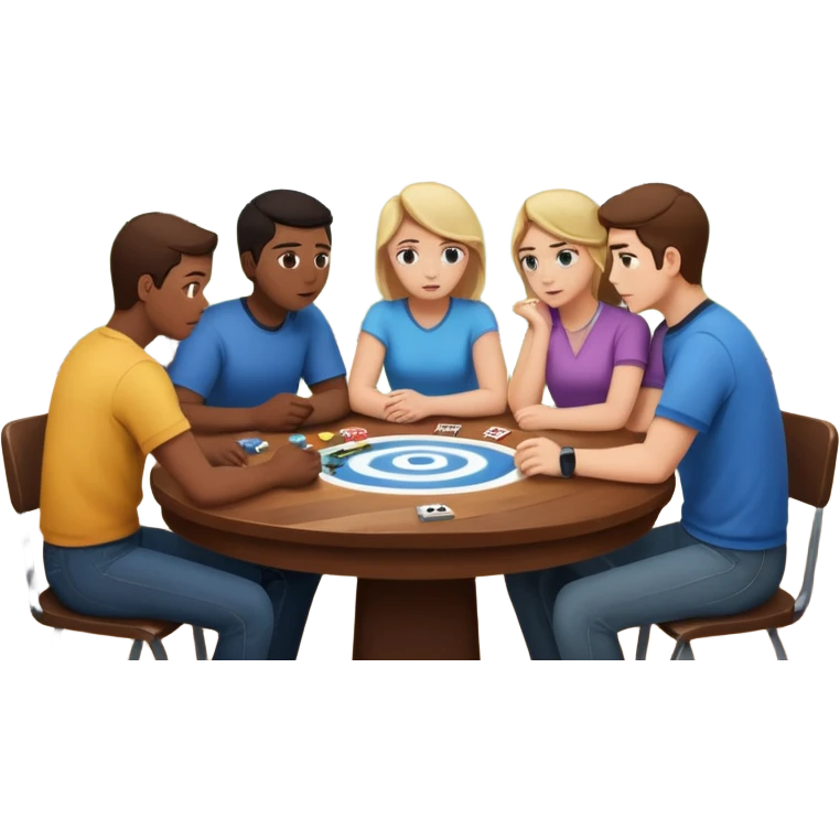 people sitting around a game table with a tornado emoji