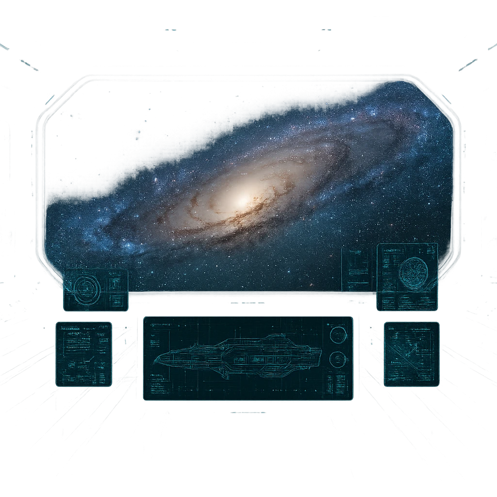 a sophisticated starcruiser command deck viewing port, the viewscreen is alpha-transparent, no chairs, multiple screens emoji