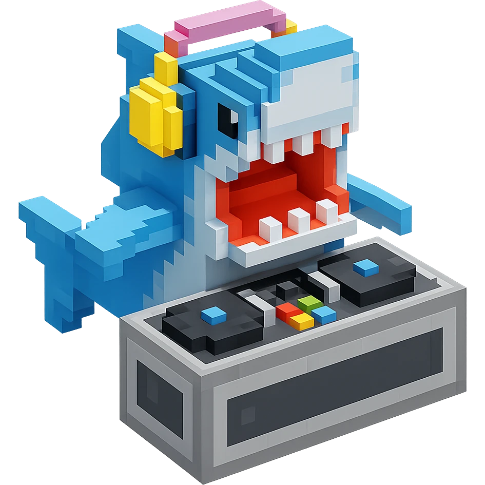 voxel style shark with dj set, open mouth, blocky, blue and silver, no background emoji