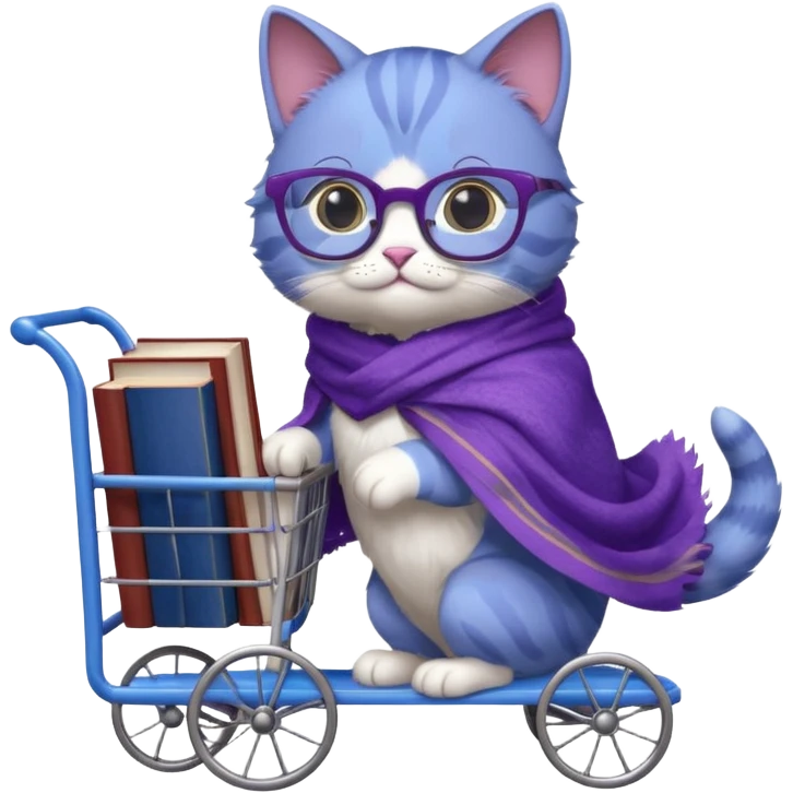 Purple and blue cat with reading glasses and a shawl, pushing a cart full of books emoji
