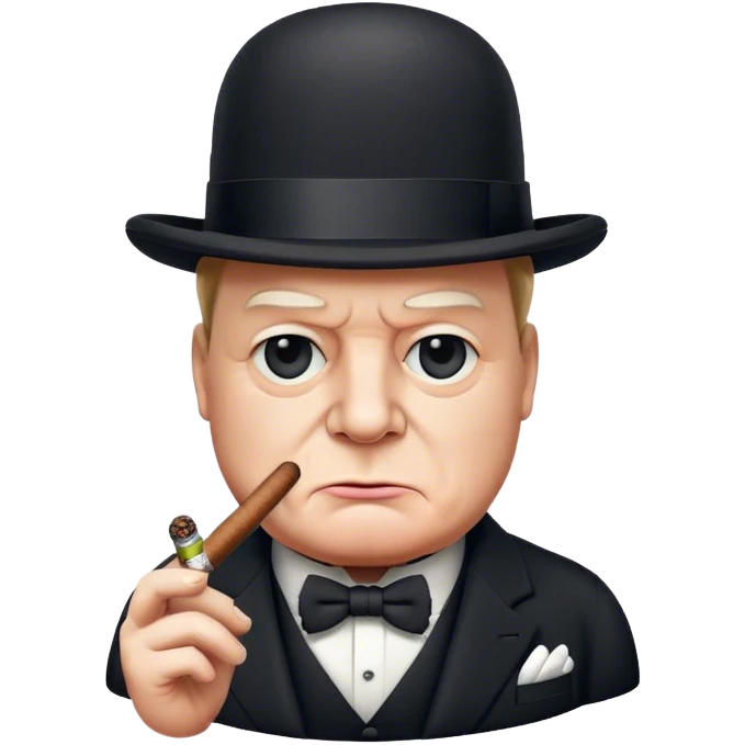 Cinematic Realistic Winston Churchill Portrait Emoji, depicted as a resolute British statesman with a signature bowler hat and a cigar, exuding determined leadership and wartime valor, rendered with lifelike textures and dramatic vintage lighting that captures his iconic British spirit. emoji