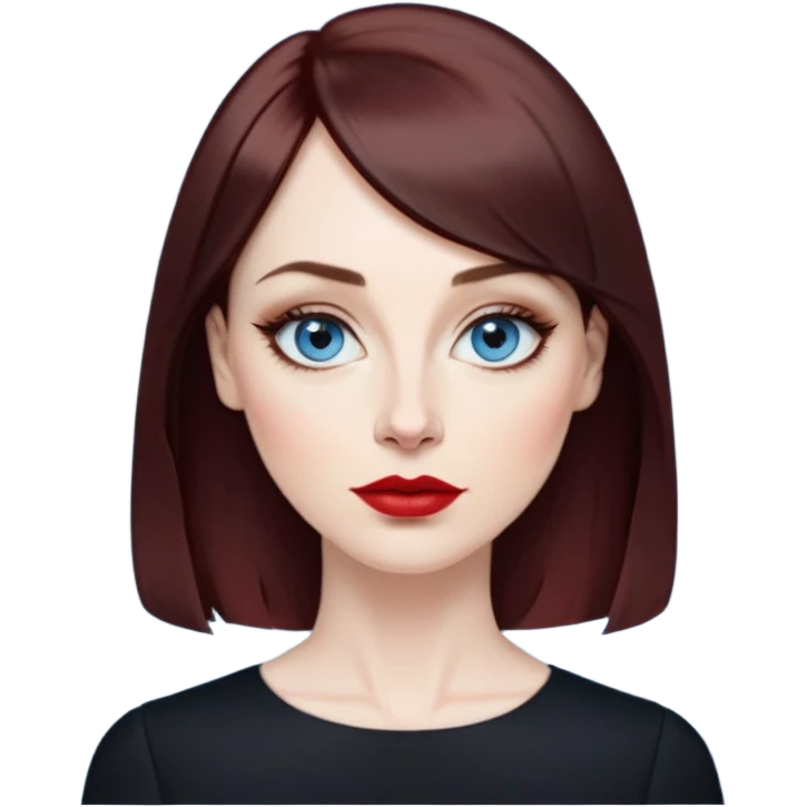 Artistic woman in her 40s with pale skin, oval face, large expressive blue eyes with eyeliner, thin arched eyebrows, small nose, full lips with red lipstick, dark auburn hair that's straight with slight waves at ends, straight bangs, wearing a black top, warm creative expression emoji