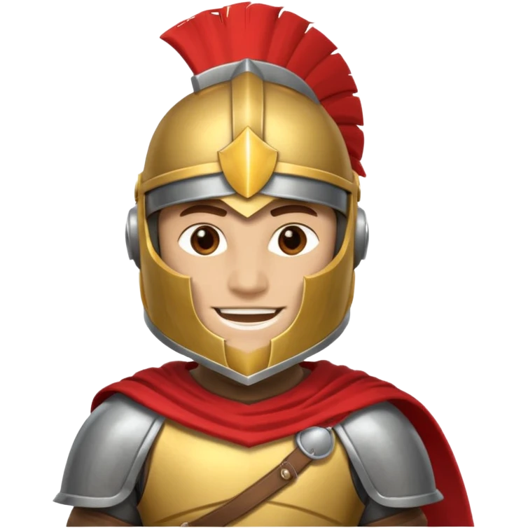 A friendly Trojan warrior mascot with a large cartoon-style head, wearing a silver helmet with a red crest and black cheek guards.  confident smile. The character wears dark armor with metallic details and a WITH yellow cape.  emoji