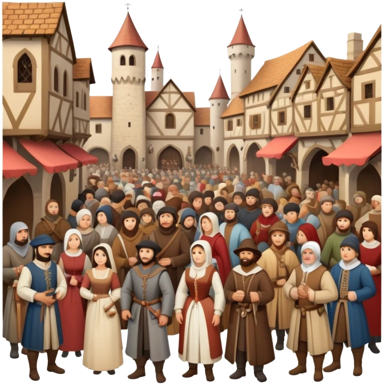 Medieval town crowd scene with many people together, mix of wealthy merchants and common townspeople gathered in a marketplace emoji