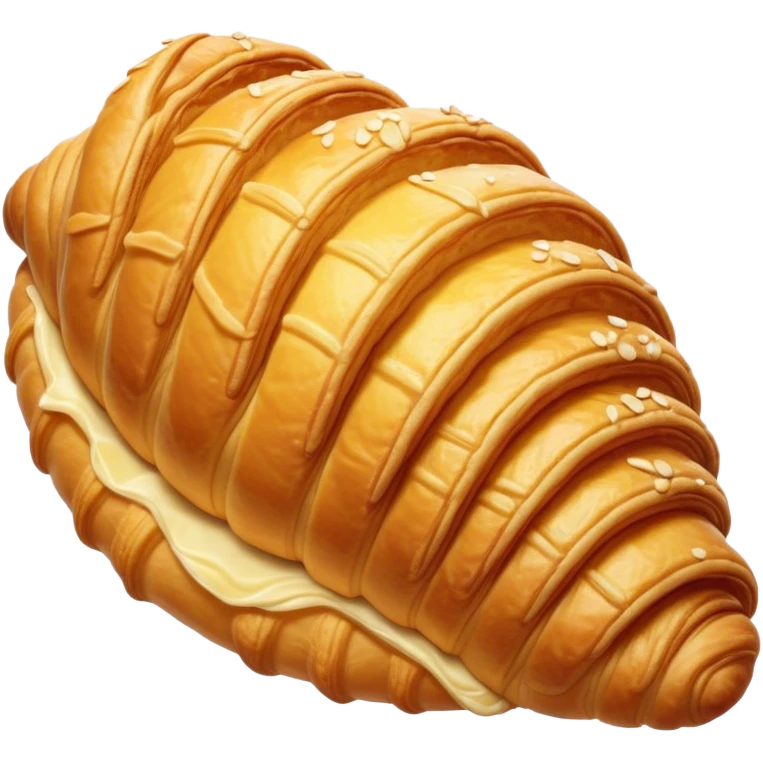 Cinematic golden croissant, perfectly flaky with crisp layers, slightly cracked to reveal buttery soft interior, warm golden glow, highly detailed and inviting. emoji