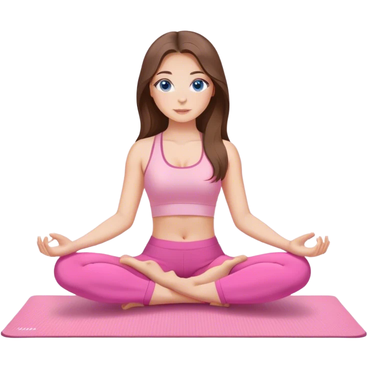 Brunette long hair and blue eyes yoga beautiful girl in light pink pink pink clothes sitting on a yoga mat emoji