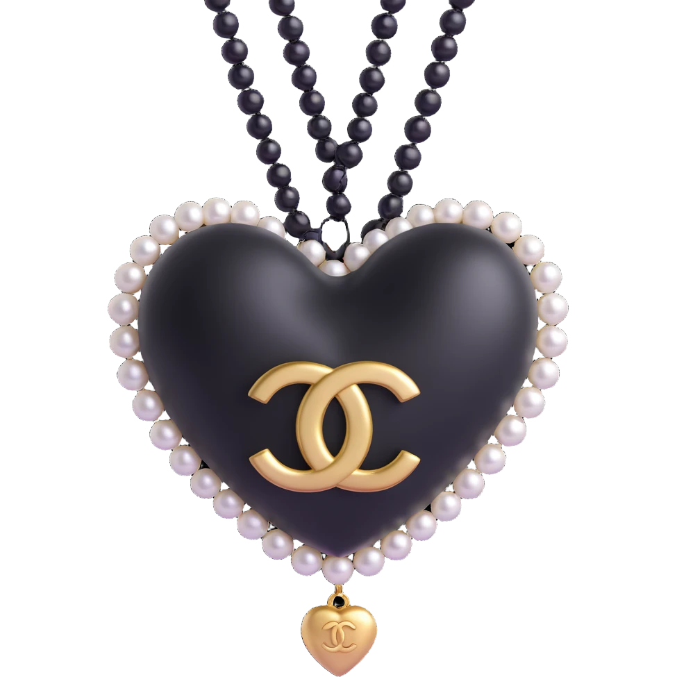 Add a string of pearls around the heart, keep the gold Chanel logo, elegant, glossy, black and white, 3D emoji style, with no background emoji