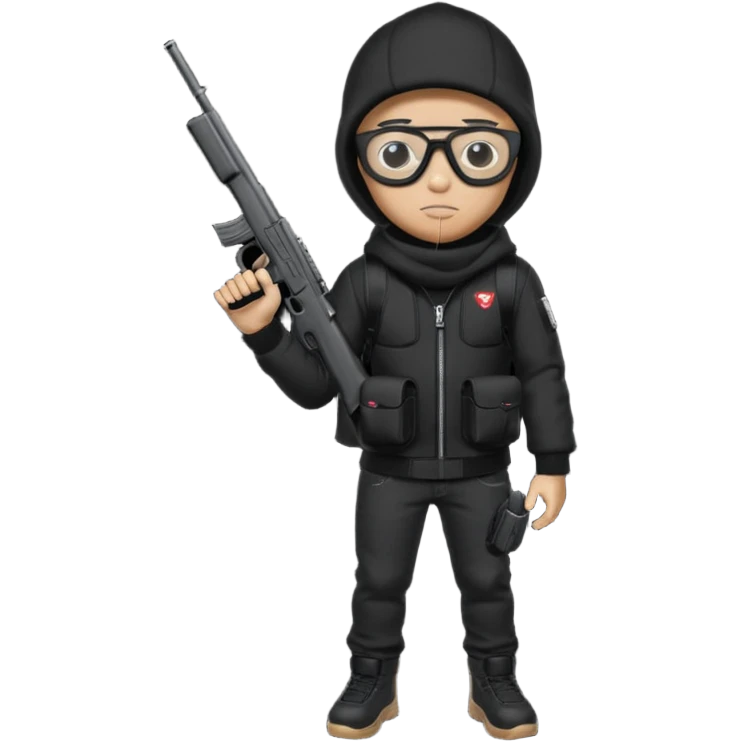 YN wearing a ski mask, holding a gun, all black fit, black jeans, Sprayground bookbag, confident stance with glasses emoji