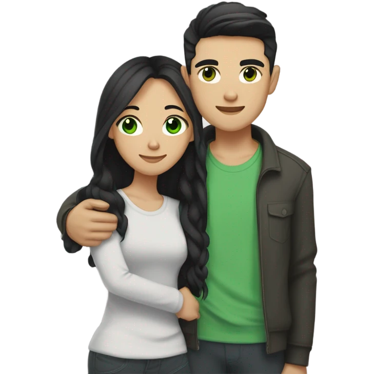 Light skin Asian male with straight black undercut hair and a white brunette female with green eyes and long wavy hair tightly hugging each other  emoji
