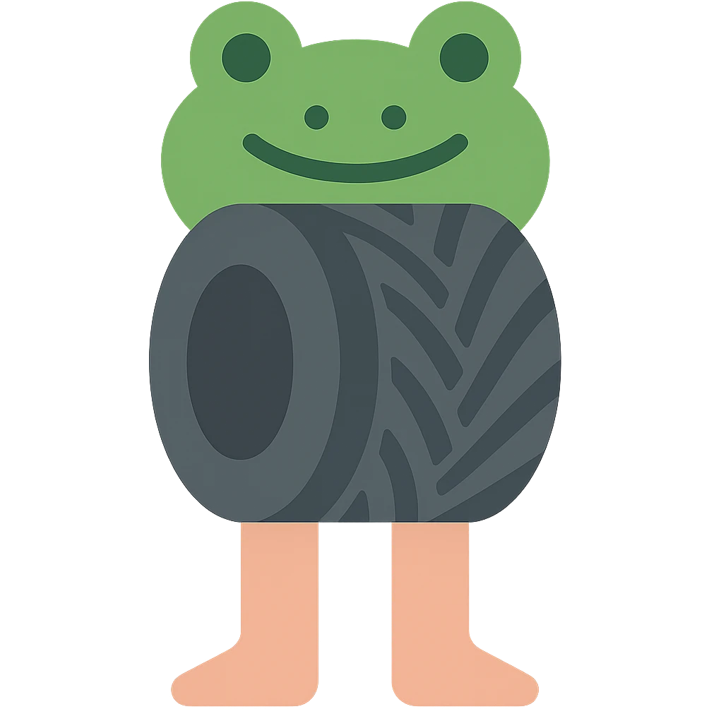Change the legs to realistic human legs, keep the tire and frog's head, playful and bold icon style, no background emoji