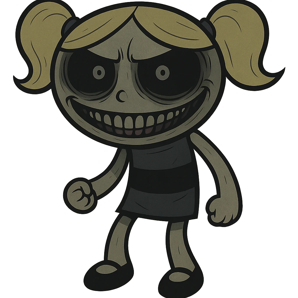 Bubbles from Powerpuff Girls, cartoon style, full body, scary and creepy look, unsettling smile, dark and eerie colors emoji