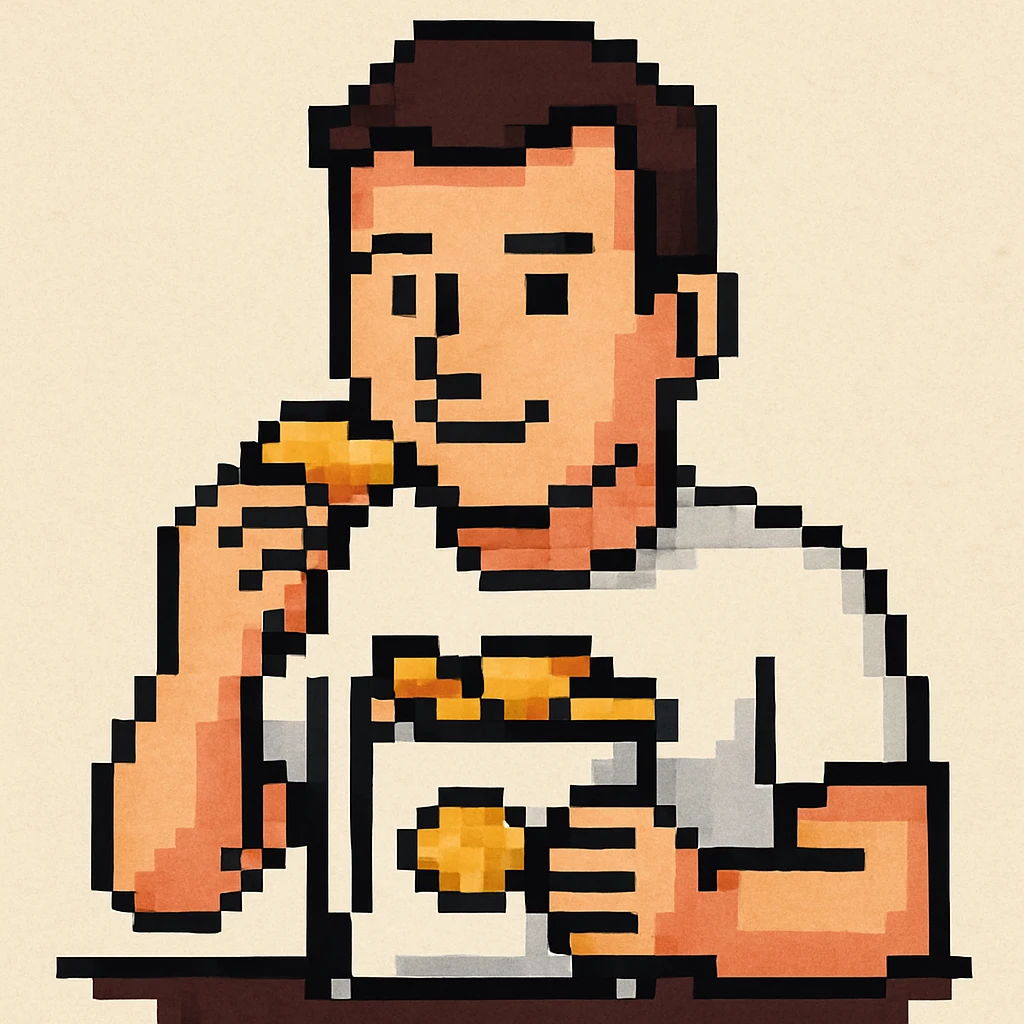 man eating chips, more white, smiling a little, pixel-art emoji
