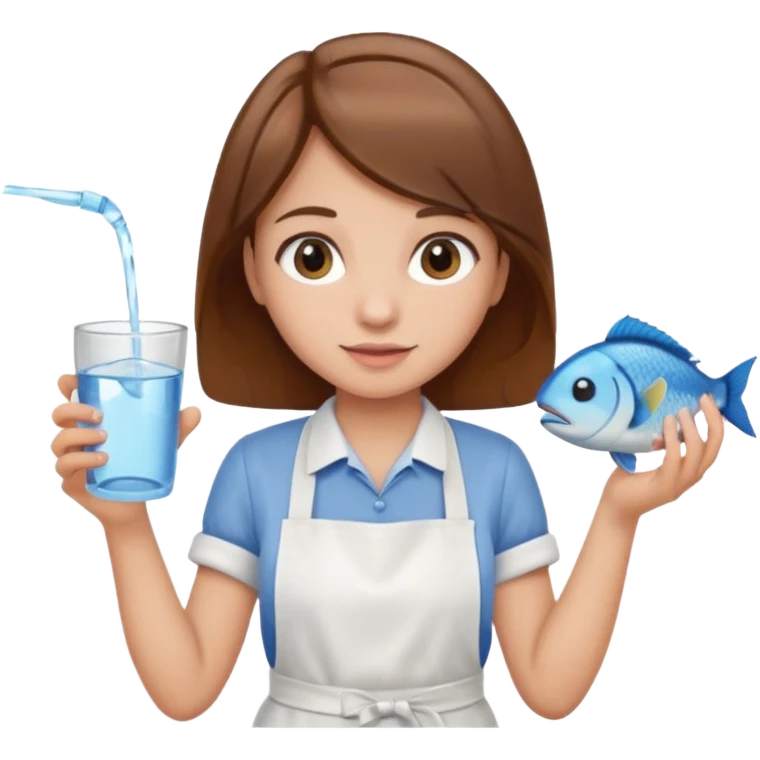 A girl with brown hair wearing an apron and holding a fish and a cup of water in another hand emoji