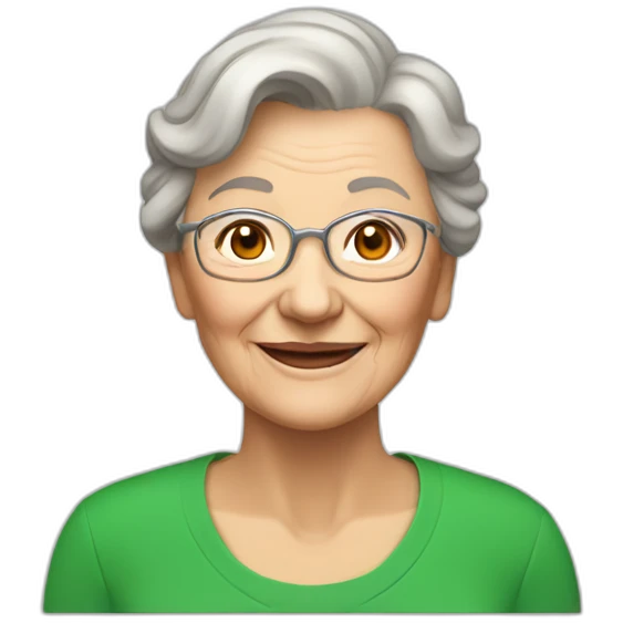 Smiling elderly woman in green jersey no glasses. Light brown hair emoji