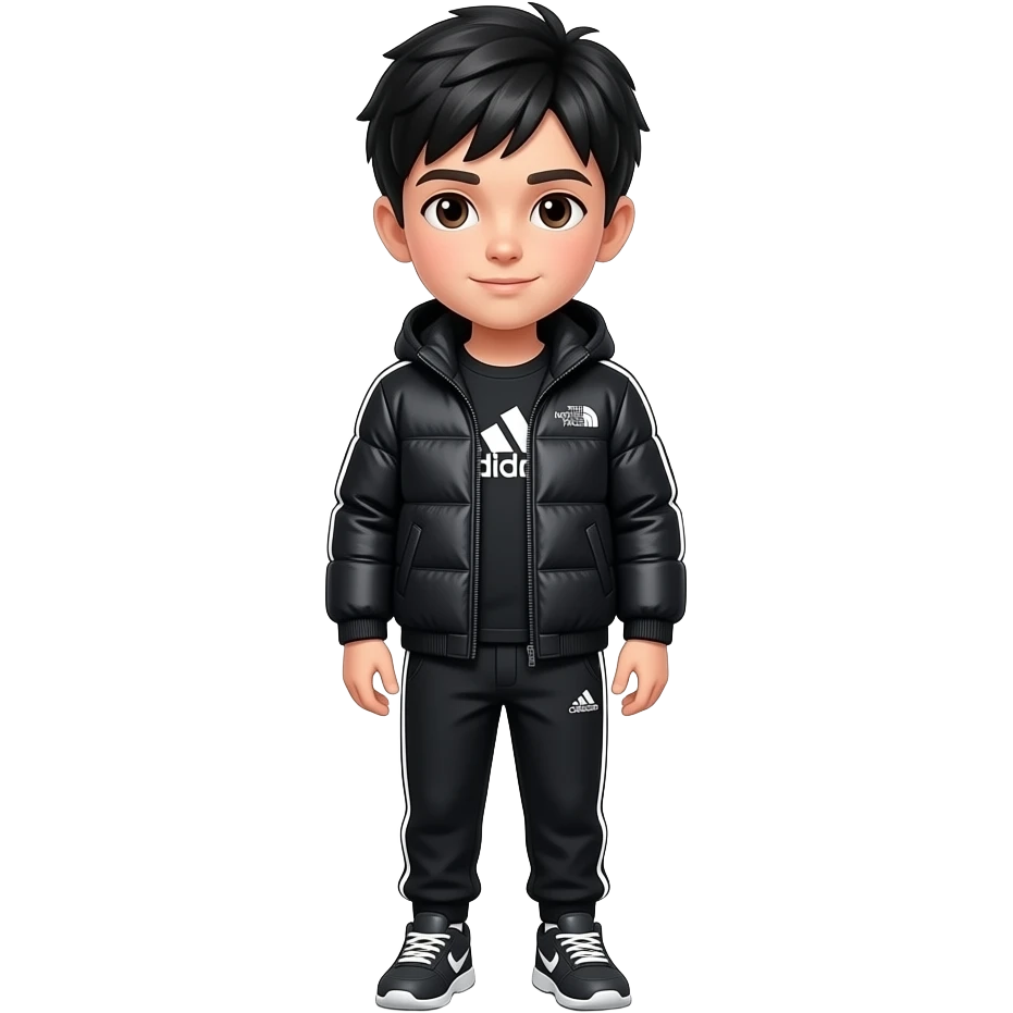 un niño que su pelo és negro i sus ojos marrones. Que vaya con una chaqueta adidas de color negro i que vaya con pantalones de chandal. I que se veaa todo el cuerpo.  Que tenga una chaqueta negra con volumen i que sea north face emoji