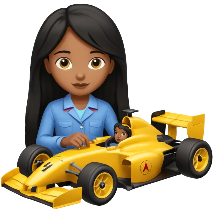  long black haired black girl kid playing yellow colored formula 1 car toy emoji