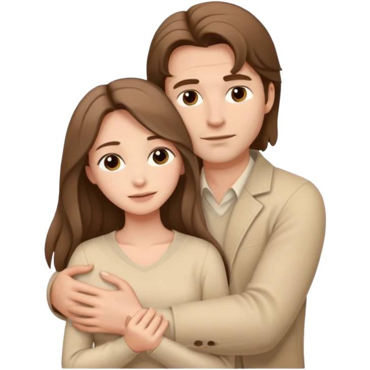 A white handsome man with brown hair in pale beige clothes supports and hugs a beautiful woman with long hair in pale beige clothes emoji