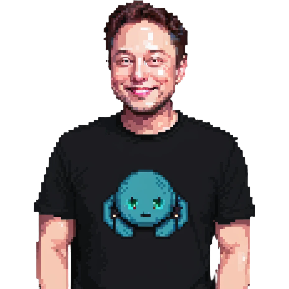 Elon Musk, smiling, casual outfit, pixelated details emoji
