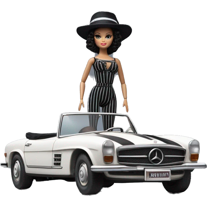 Bouclé Beauty Lingerie Barbie, 1965 Wednesday Addams from academy, in dark-gray and black striped outfit with hat. Driving 1978 Mercedes convertible sports car  emoji
