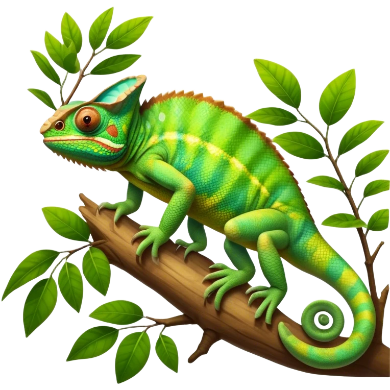 Giant Chameleon blending into natural surroundings, perched on a branch. Its vibrant colors shift with the environment. Lush greenery, branches, and soft sunlight create a peaceful, nature-filled background. Transparent background, showcasing the chameleon's colorful, textured skin. emoji