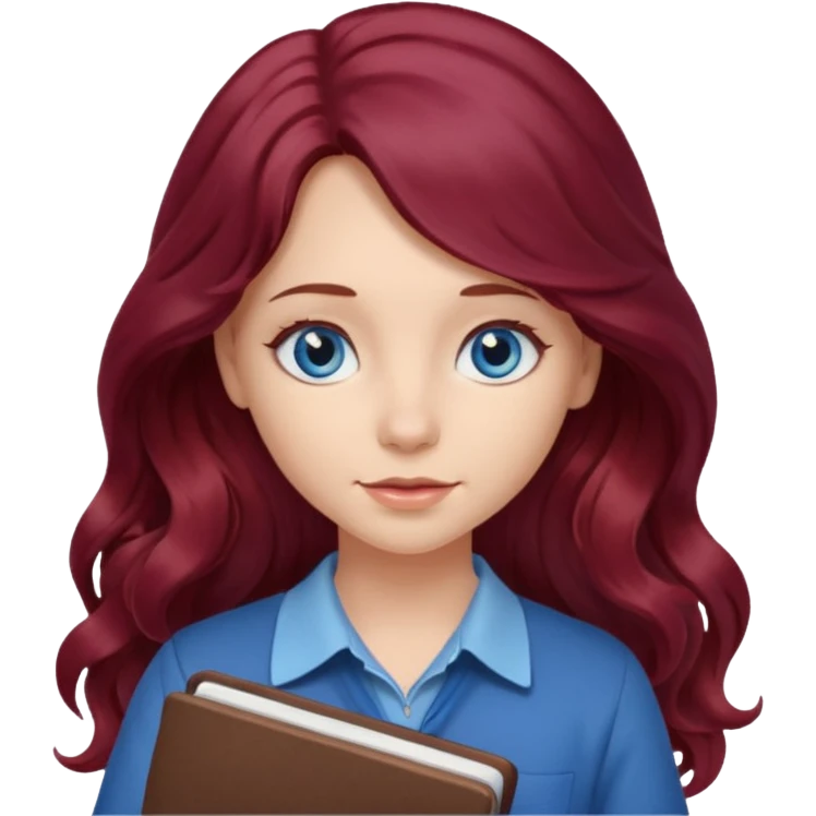 girl with long wavy burgundy hair, blue eyes and a notebook emoji