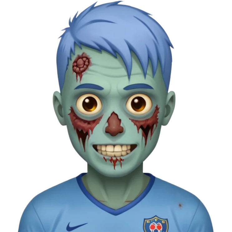 я мужчина, цвет волос пепельно синий, стрижка как у футболиста Yamal сделай меня в стиле зомби и ещё сделай с Улыбкой крутой emoji