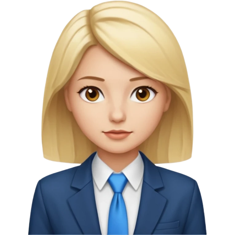 une femme blonde jolie avec des jolies traits avec une chemise blanche et une veste a manche longues et cravate bleu elle a les yeux marron emoji