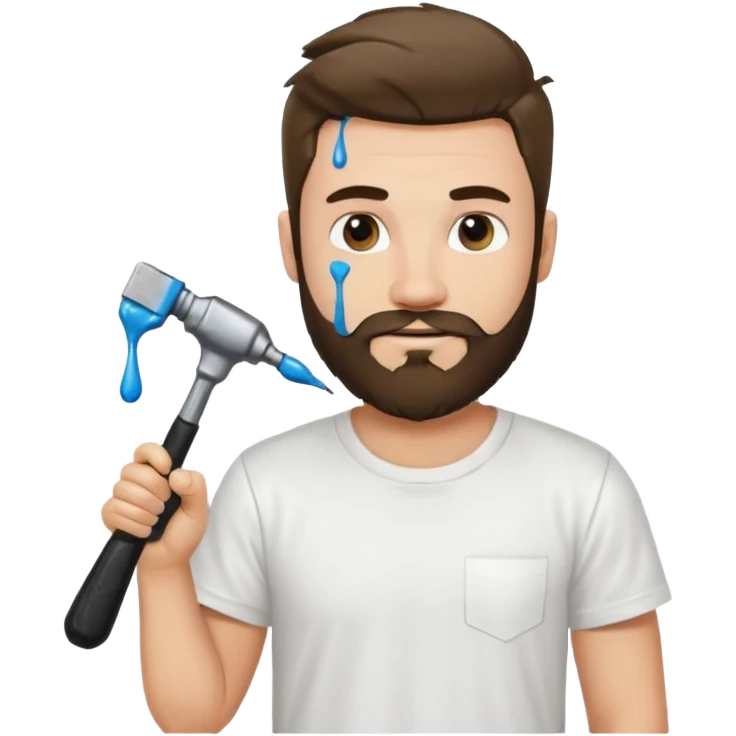  guy who looks very handsome, he has a beard, wears a white tee shirt with drops of paint on it and holds a black screwdriver in one hand and a black hammer in the other  emoji