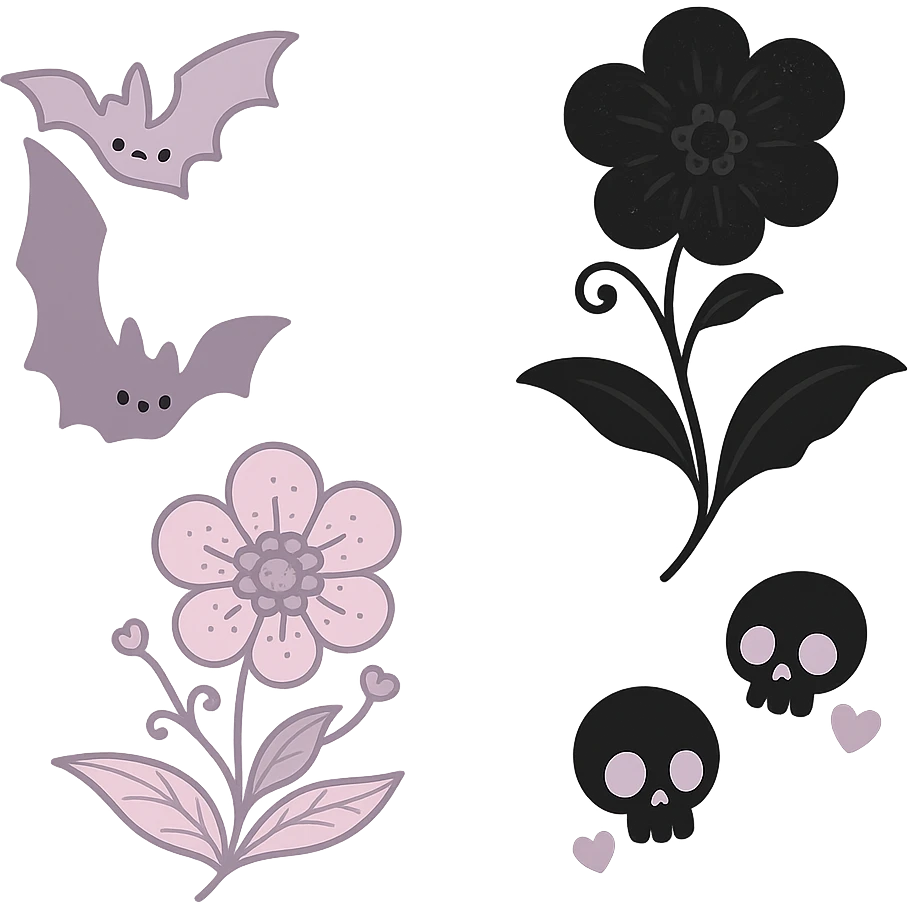 Remove the background and any text from this goth banner, keep it cute, expressive, minimal, in the style of imagen-4-fast-KaUtLiSA10F, with a transparent background. emoji