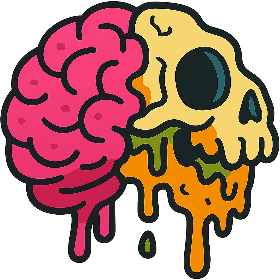 brain half decomposed, with exposed bone and oozing textures, in a vibrant cartoon style emoji
