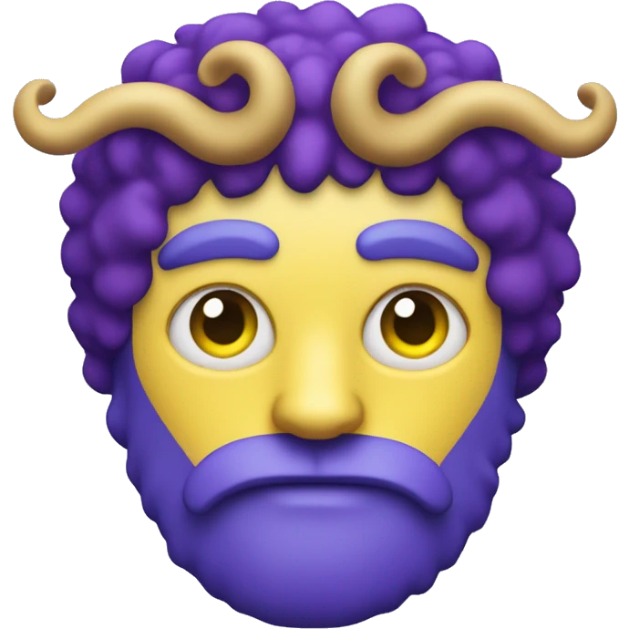 A blue man with yellow cat eyes, purple afro and beard, with ram horns emoji
