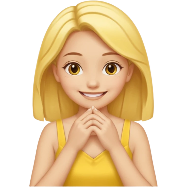 yellow smiling face girl with both hands flat under chin fingers touching emoji