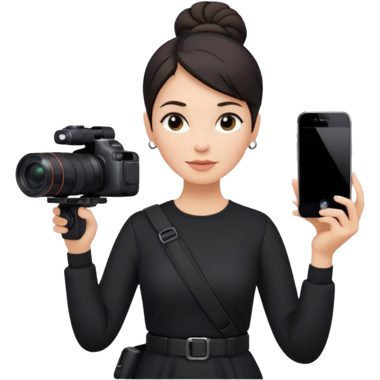 middle aged woman photographer with dark hair, slicked back in a bun, wearing black clothes, carrying a canon r5 and an iPhone on a gimbal emoji