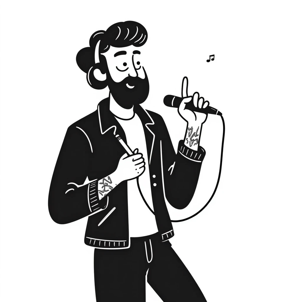 rock star with neat trimmed beard, tattooed arms, headphones resting on shoulders, happy expression, holding mic in one hand and pencil in other emoji