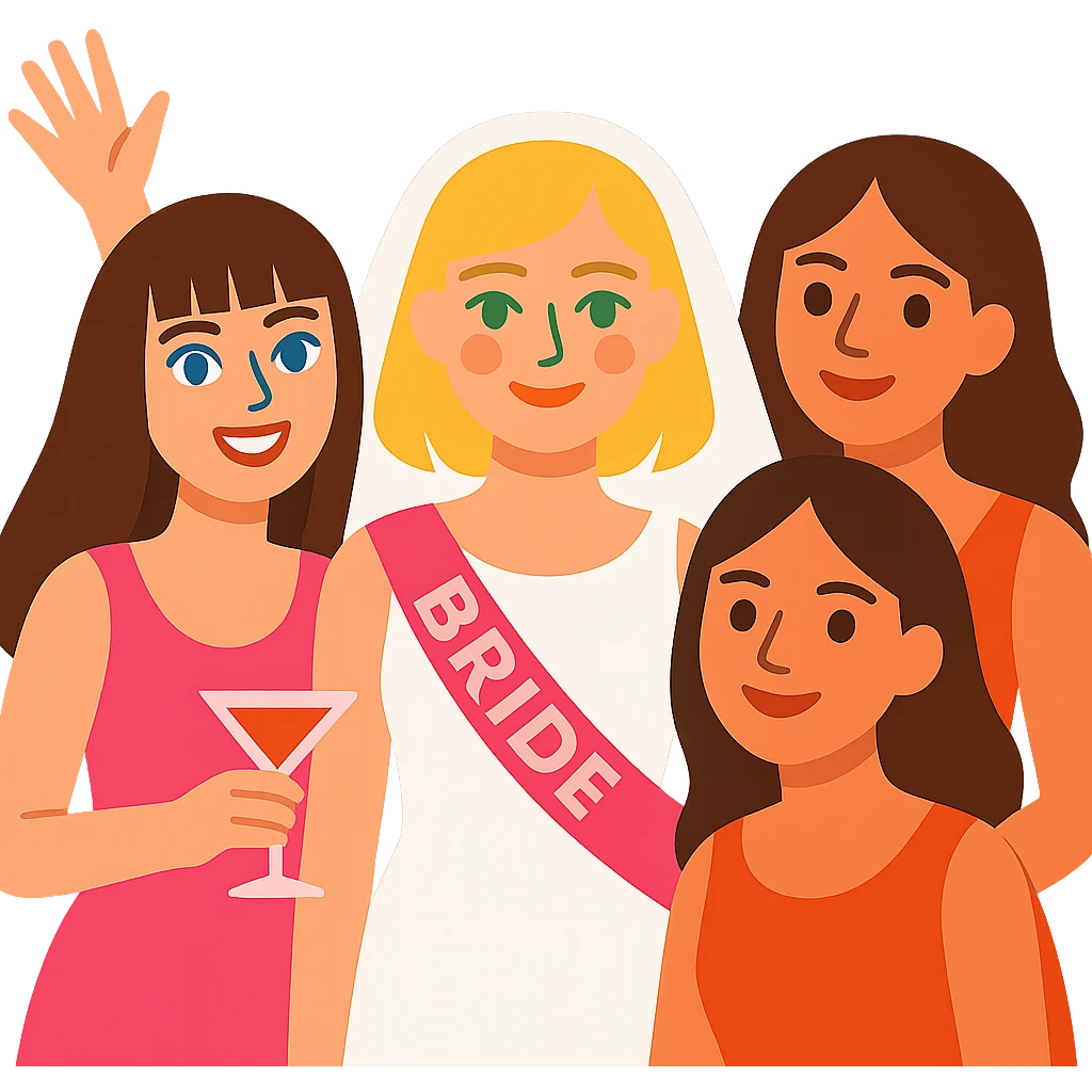 bachelorette party group of 4 girls, one with brown hair, blue eyes, fringe; two with brown hair; one bride with green eyes, blonde shoulder-length hair emoji