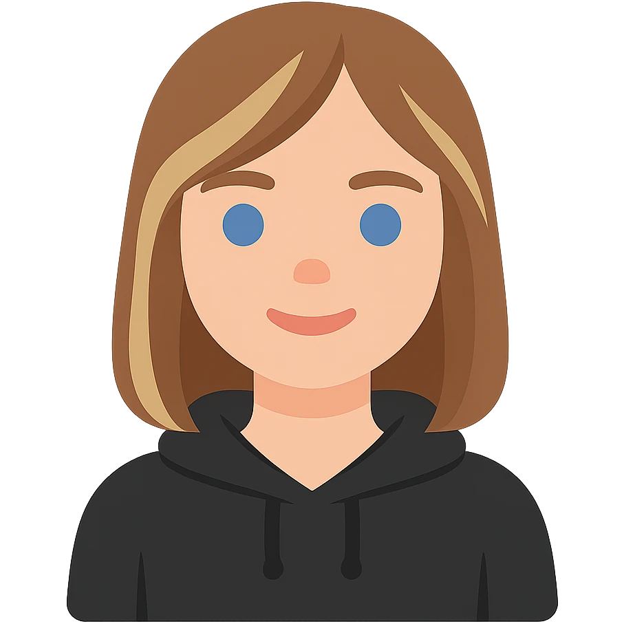 designer girl with blue eyes, shoulder-length brown hair with blonde highlights, wearing a black hoodie emoji