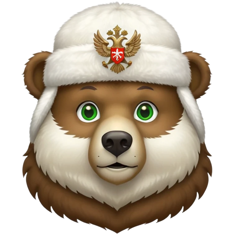 Cute Russian brown bear head with friendly expression and bright green eyes, wearing white furry ushanka hat with realistic double-headed eagle coat of arms centered, iOS emoji style emoji