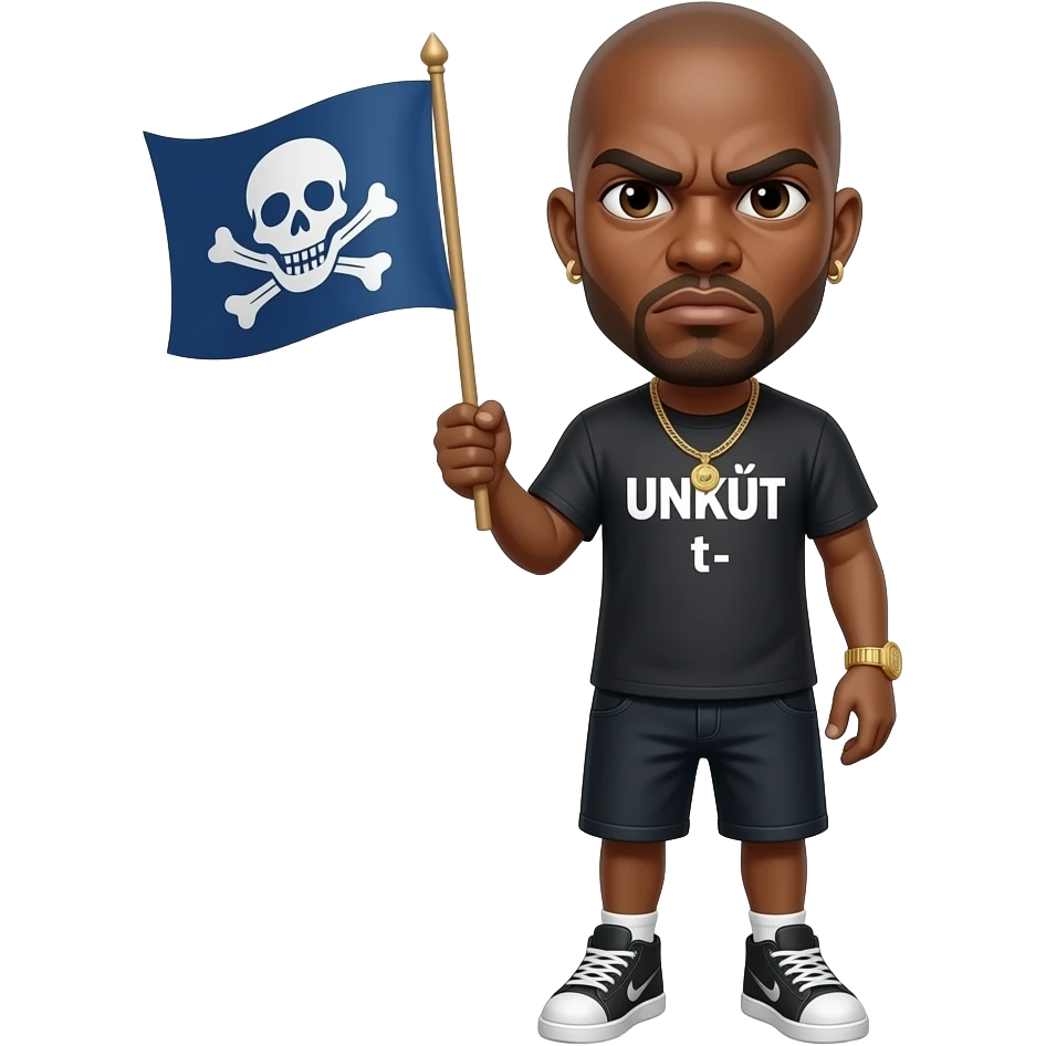 french rapper booba with real bald head and no opaque beard et angry eyebrows et unkut teeshirt holding the pirate flag emoji