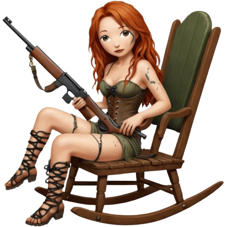 cinematic ultra HD Tori Amos casually crouches on a rocking chair in a torn corset, holding ashotgun and with muddy feet. a bronze snake wrapped itself around the chair emoji