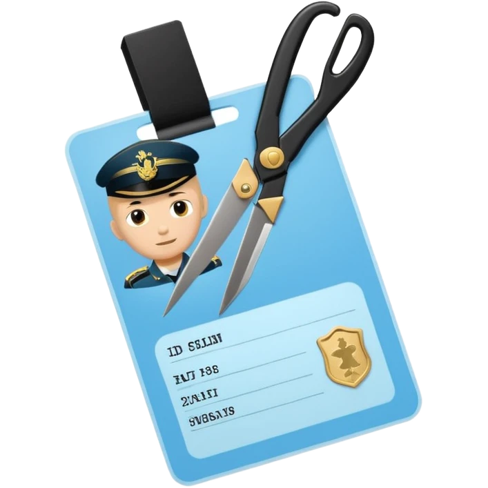 Floating black Scissors cutting in half a light blue idf soldier ID card with golden chip in 2 parts .hyper realistic emoji