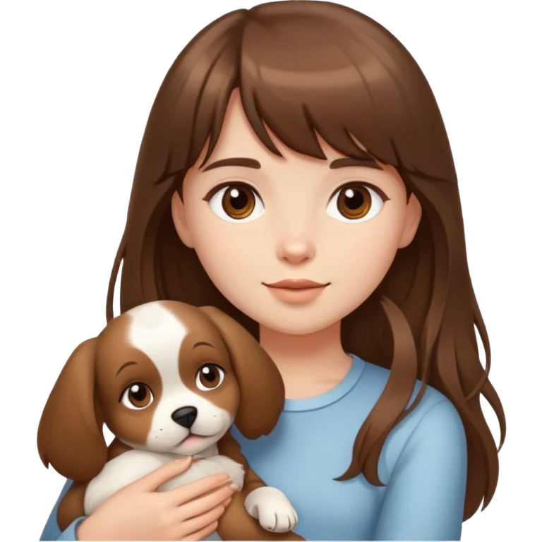 A girl with long brown hair and bangs holding a puppy emoji